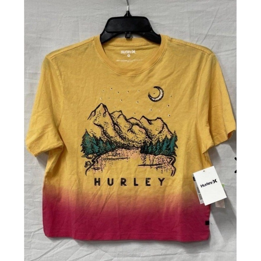 Hurley Moonlake Tie Dye Cropped Crew T-Shirt Yellow Pink Mountain Graphic XS NEW